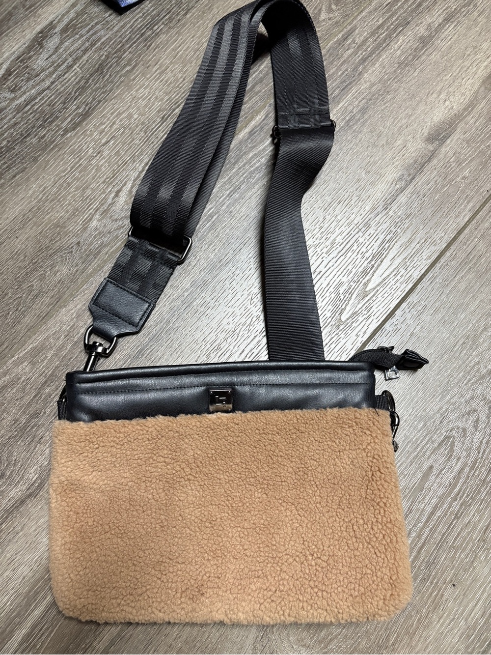 THINK ROYLN Black & Tan Shearling Crossbody Bag